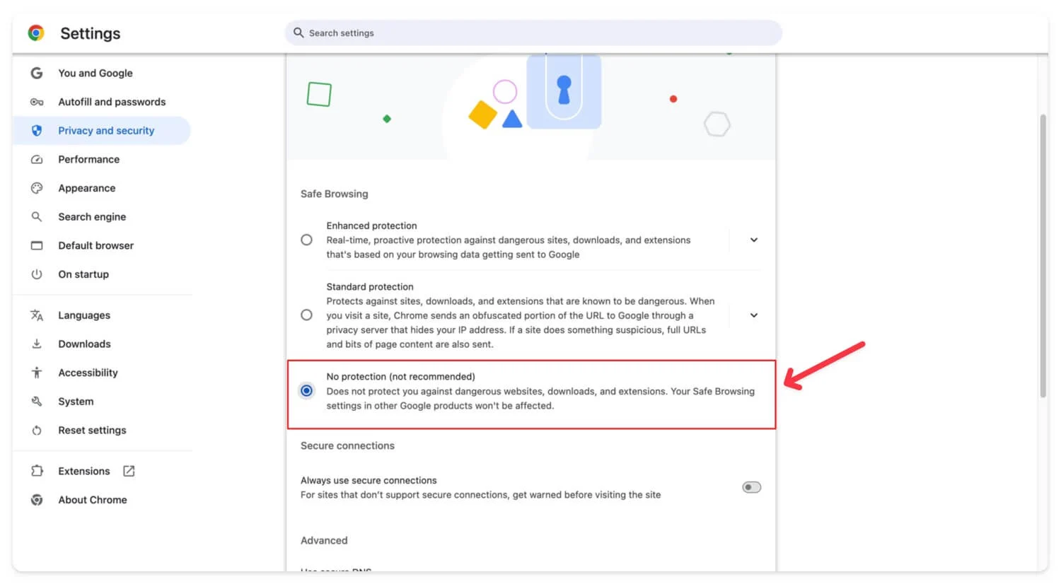 google chrome security no protection settings