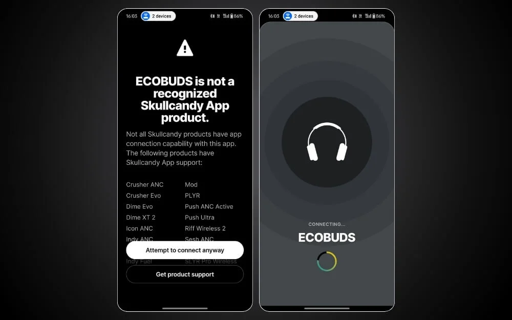 skull ecobuds not recognised by app