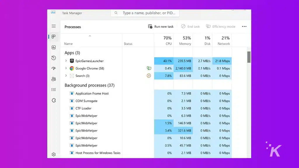 顯示應用程式和進程的 Windows 工作管理員