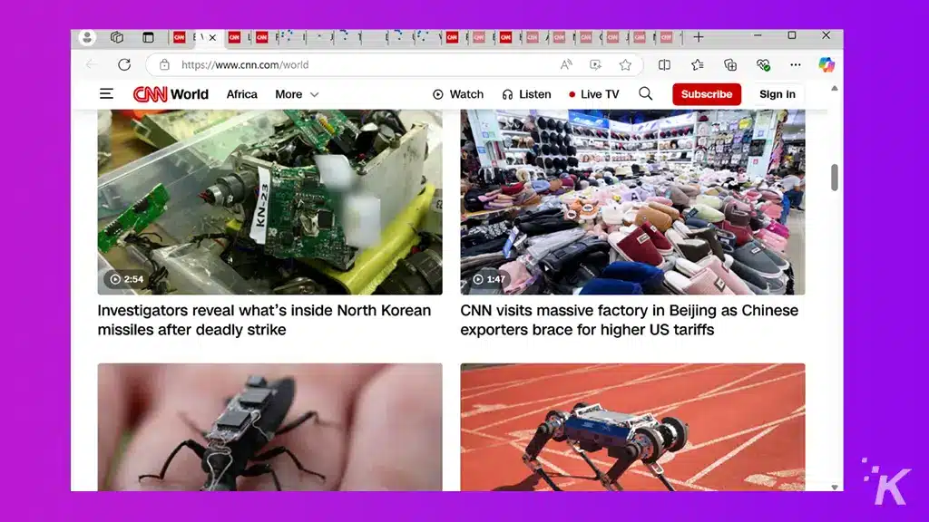 CNN 網頁顯示世界新聞標題和圖像。