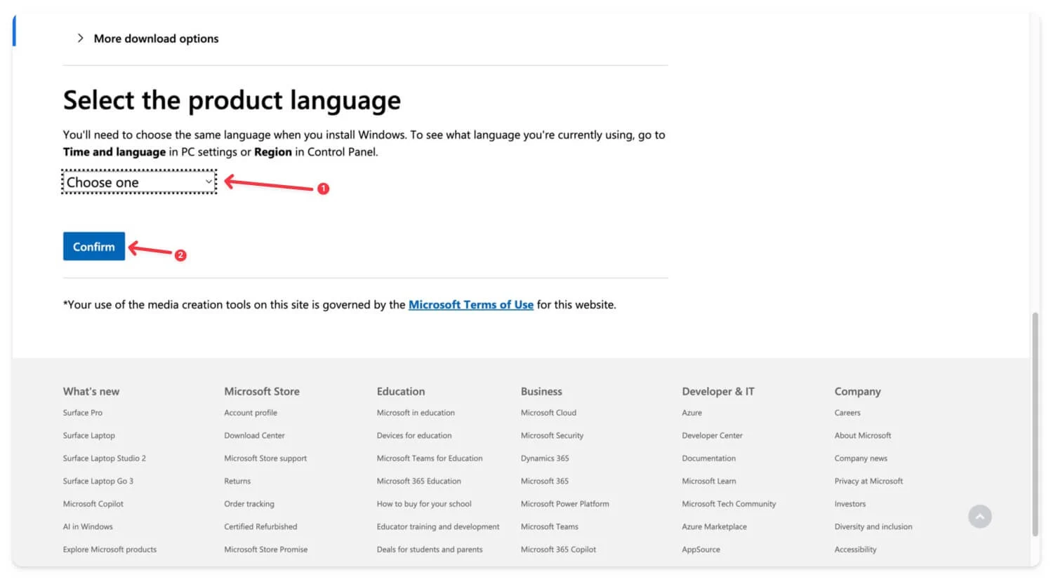 windows 10 download page with a dropdown to select the product language