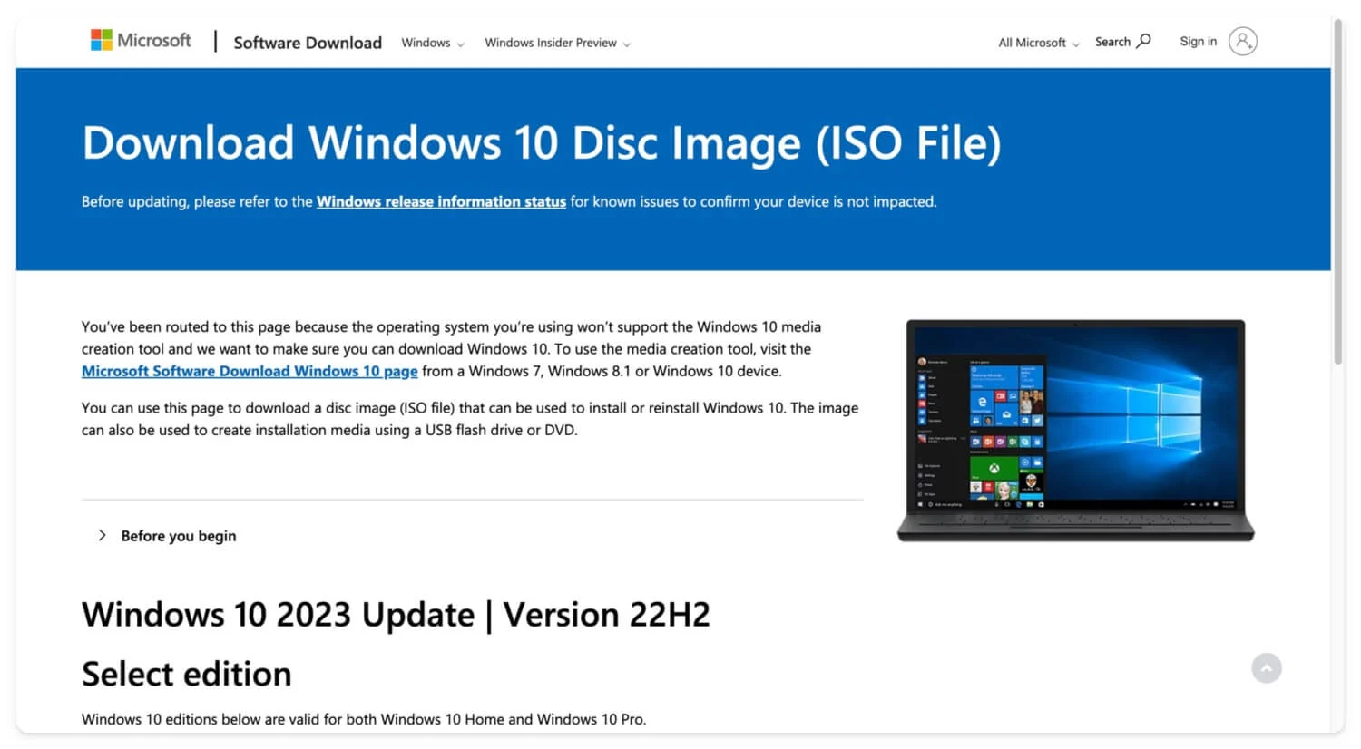 microsoft page for downloading the windows 10 iso file