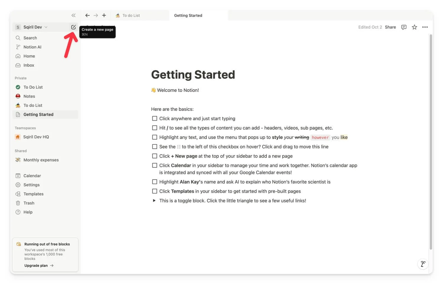 create page in notion