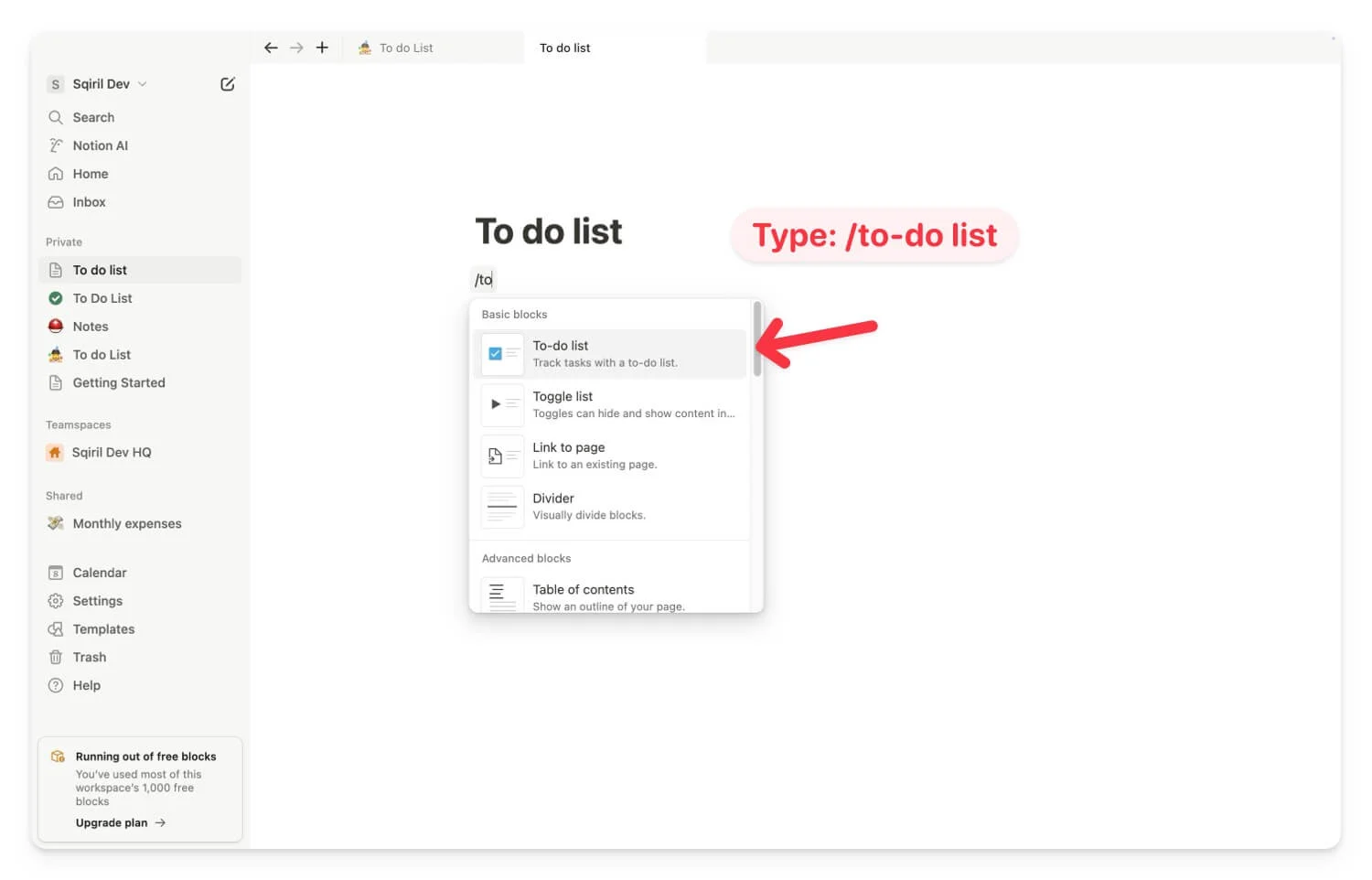 simple to do list in notion