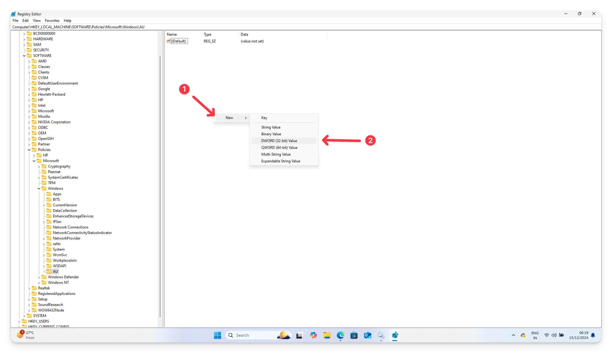 create the 'noautorebootwithloggedonusers' dword value