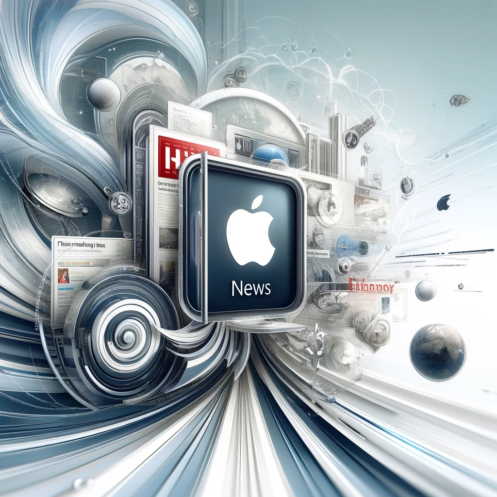 Illustration of apple news on white background including apple products