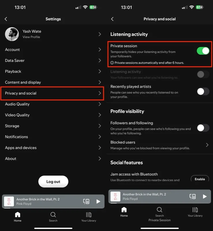 enabling private session in spotify on an iphone.