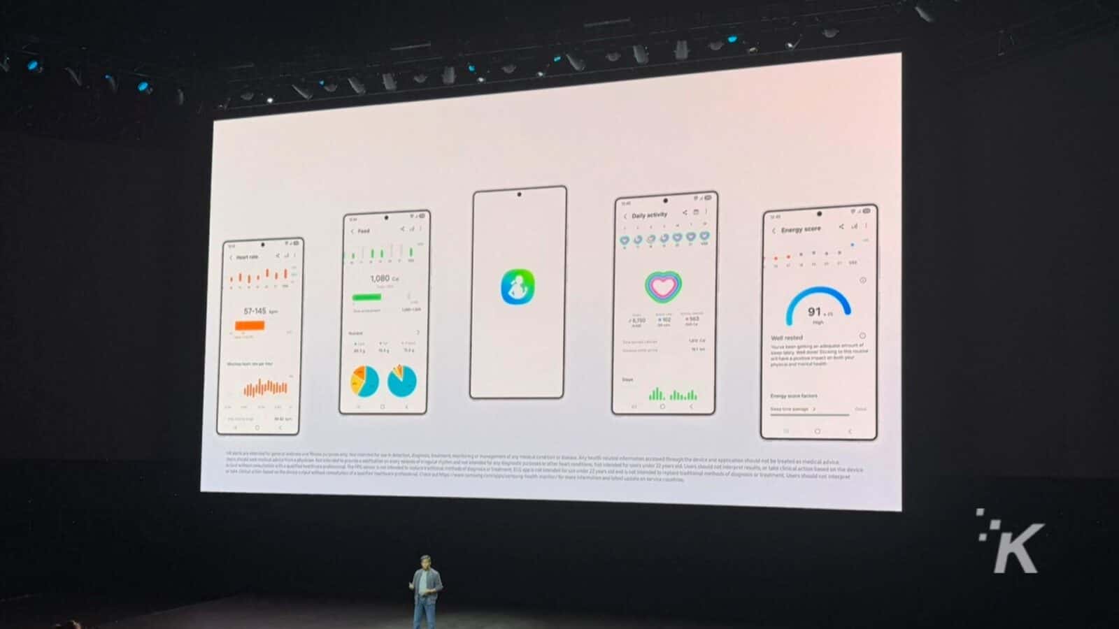 Büyük ekranda akıllı telefon sağlık uygulaması sunumu. Samsung ambalajsız 2025