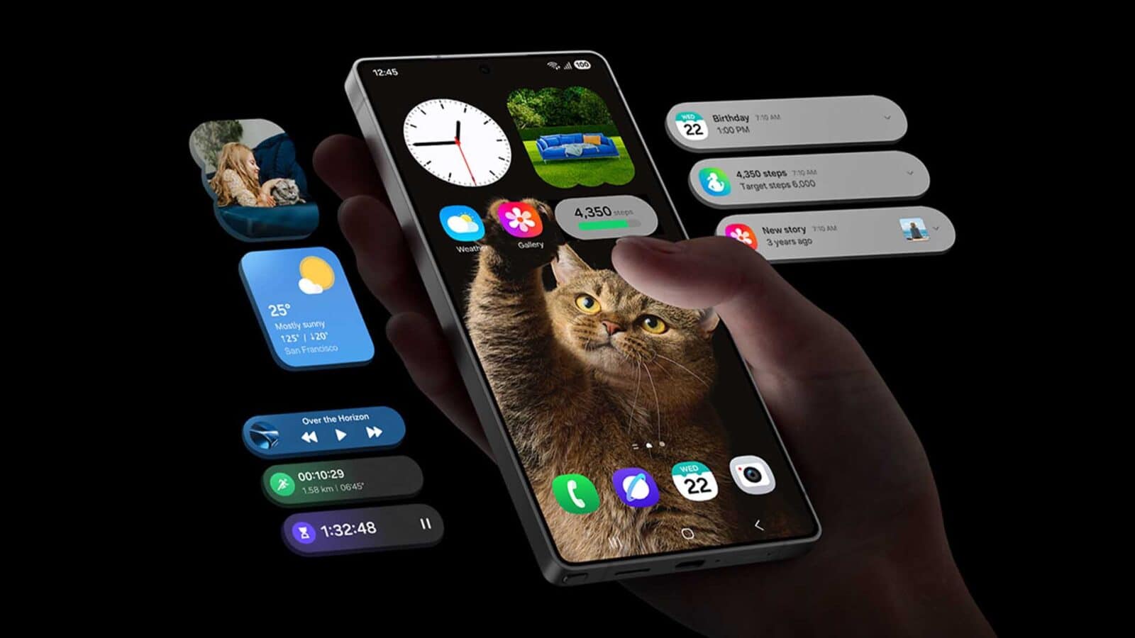 Interface smartphone avec photo de chat et widgets.