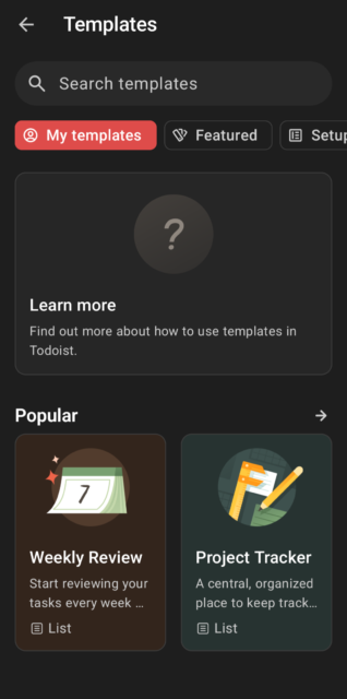 La pagina dei modelli nell'interfaccia dell'app Todoist. Fonte: test Tech.co