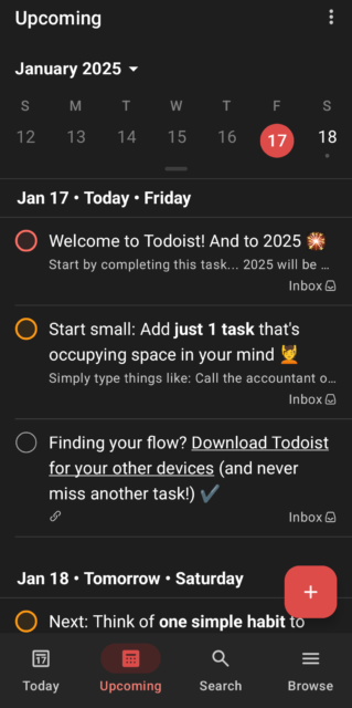 La prossima pagina nell'interfaccia dell'app Todoist. Fonte: test Tech.co