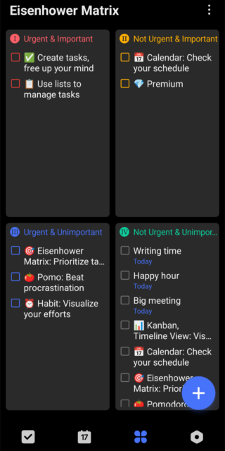 La funzione Matrix Eisenhower nell'app Ticktick. Fonte: test Tech.co
