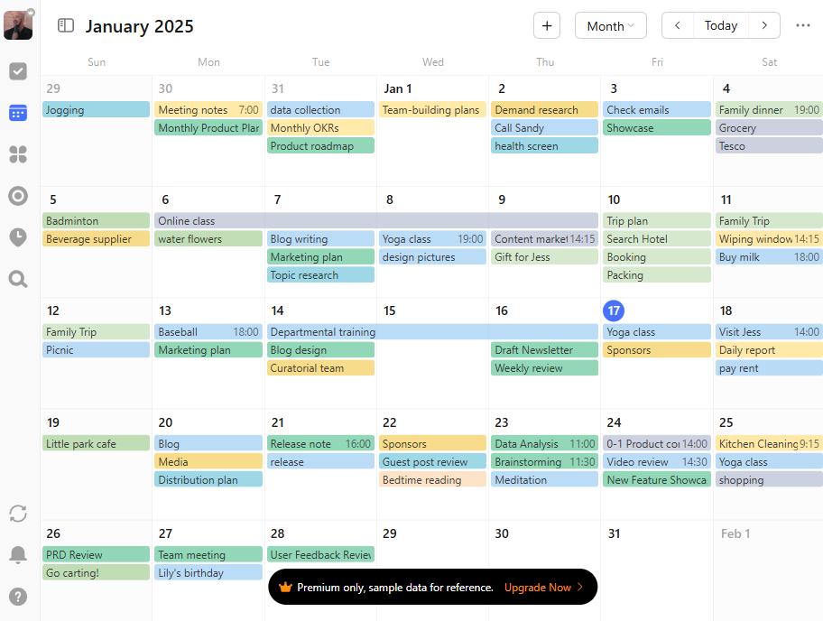 La vista del calendario nell'interfaccia desktop Ticktick, disponibile solo per gli utenti paganti. Fonte: test Tech.co