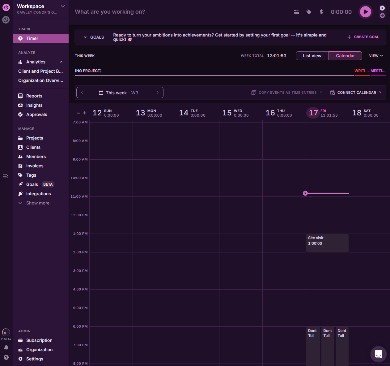 Il calendario nell'interfaccia desktop Toggl Tracker. Fonte: test Tech.co