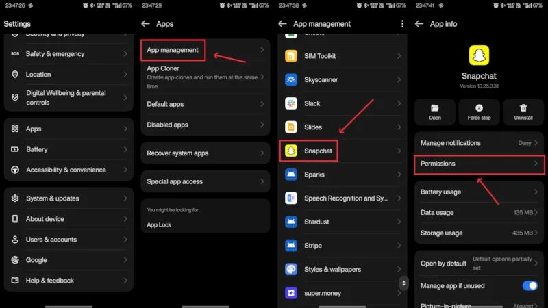 snapchat app permission settings 