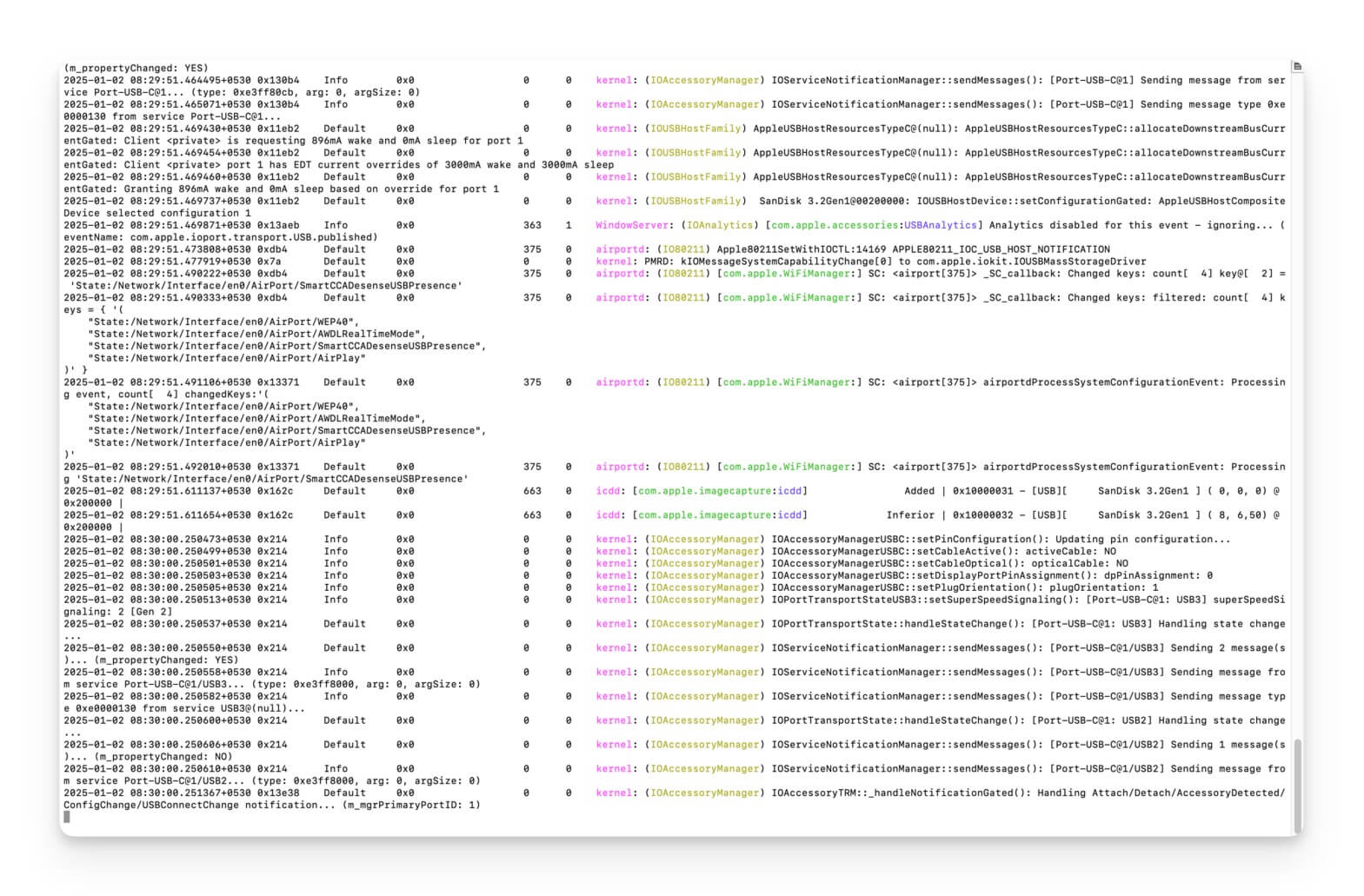 usb error logs on mac