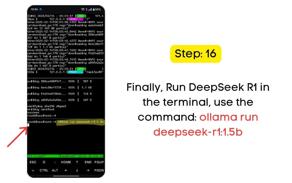 run deepseek r1 in the terminal, use the command: ollama run deepseek-r1:1.5b