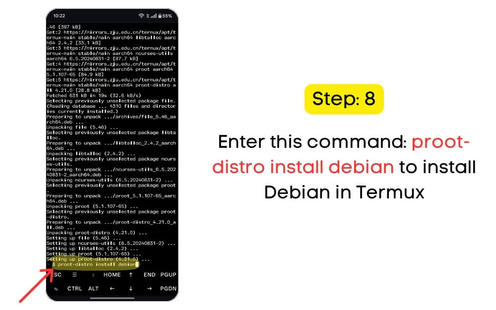 enter this command: proot-distro install debian to install debian in termux