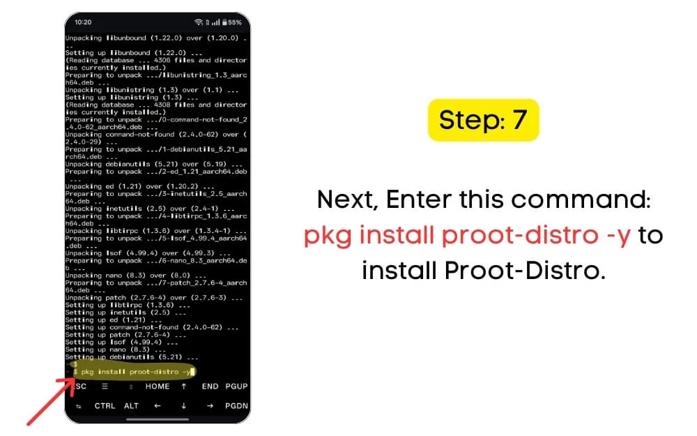 enter this command: pkg install proot-distro -y to install proot-distro.