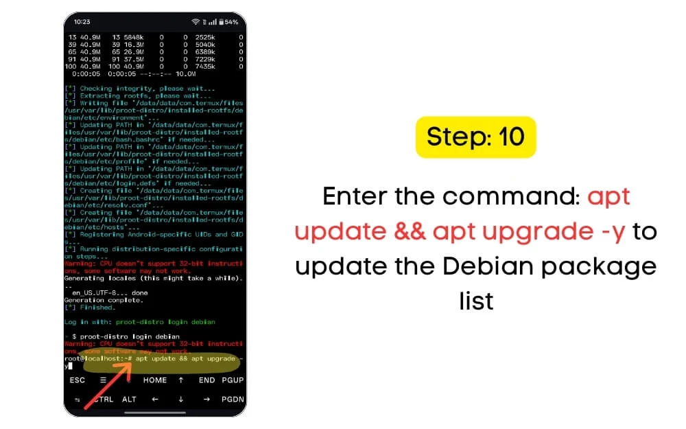 enter the command: apt update && apt upgrade -y to update the debian package list