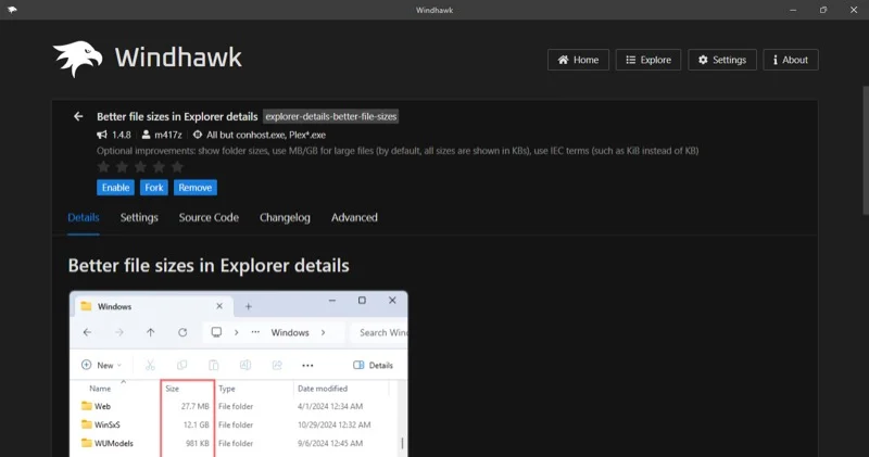 enabling a windhawk mod on a windows 11 pc.