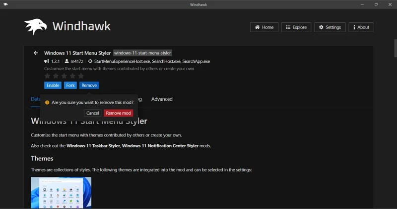 removing a windhawk mod on a windows 11 pc.