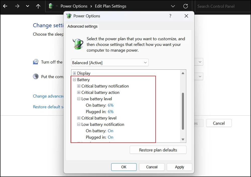 power options and battery behaviour