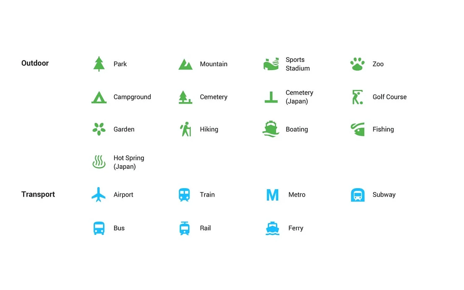 google maps outdoor and transport symbols