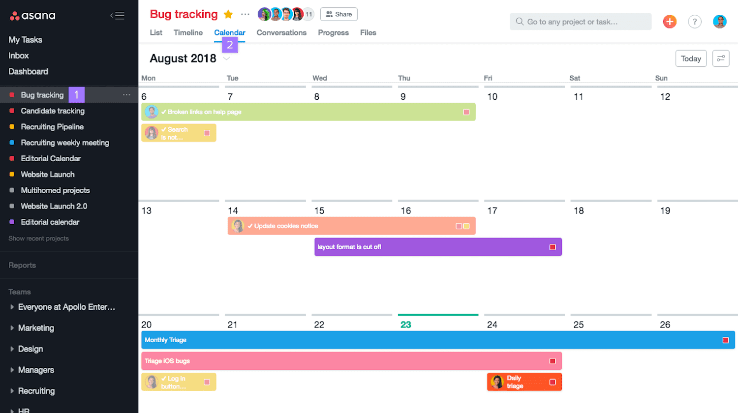 Visualização do calendário Asana