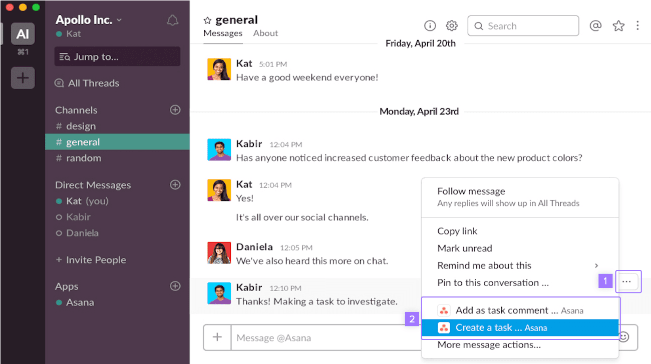 التكامل مع Slack Asana