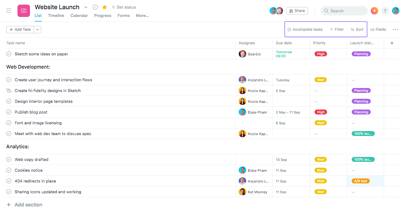 Lista de verificación de Asana