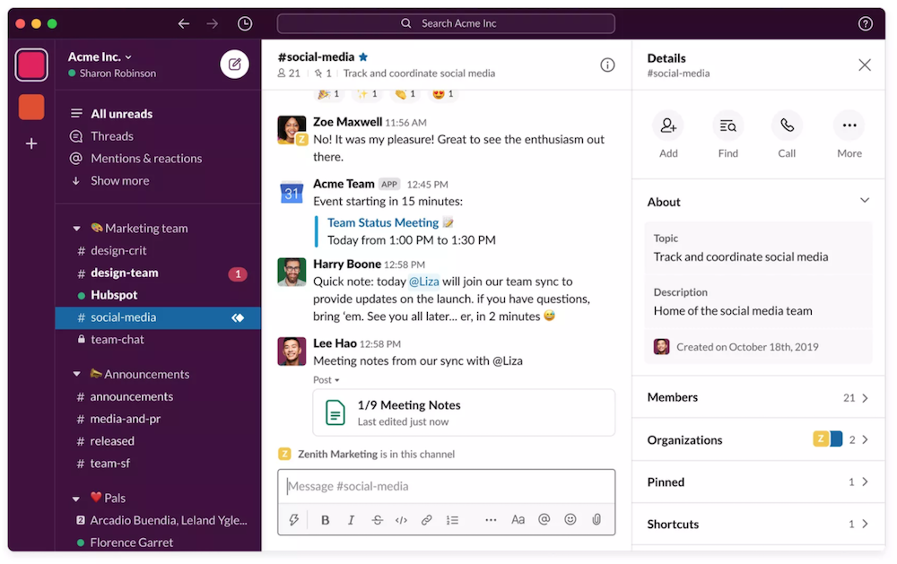 Interface do Slack