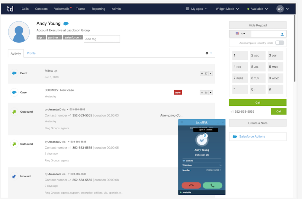 Interface de la barre d'appel Talkdesk