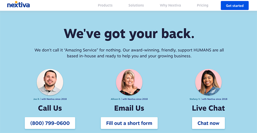 Opsi dukungan Nextiva - telepon, email. obrolan langsung