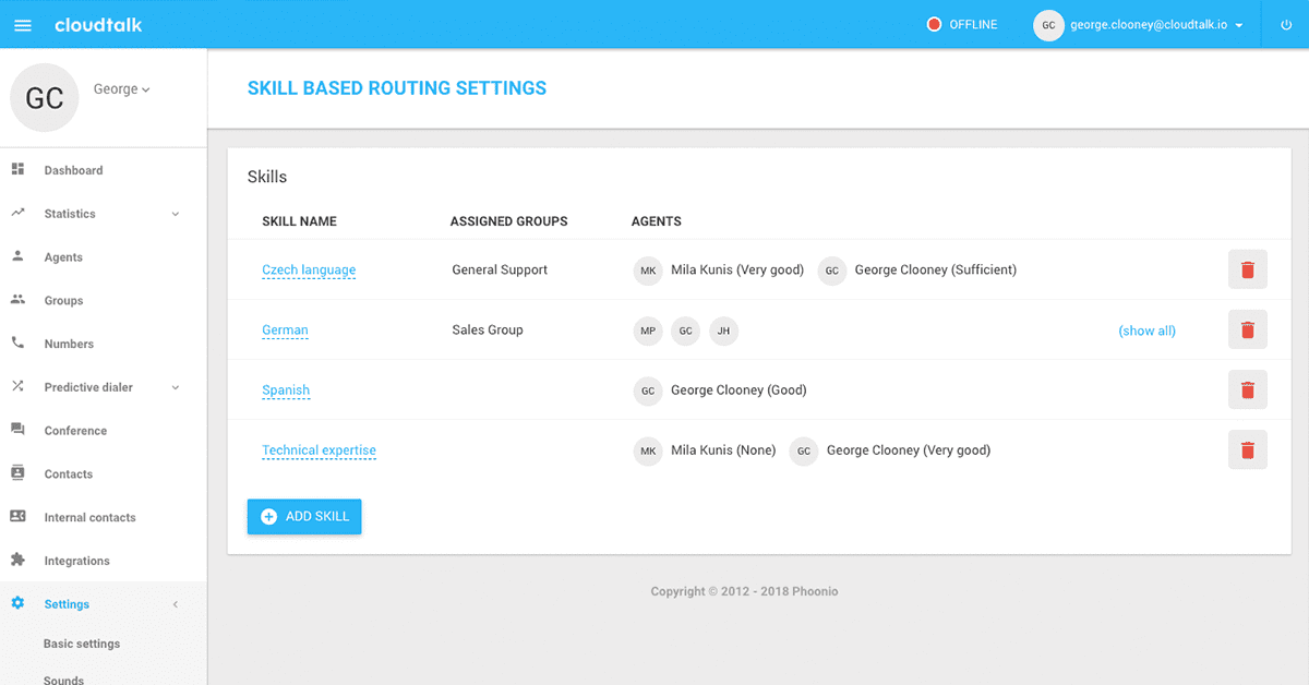 Enrutamiento de llamadas basado en habilidades en Cloudtalk