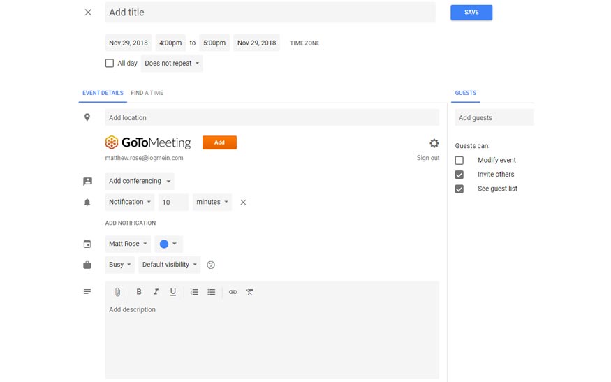 Intégration de GoToMeeting Google Calendar