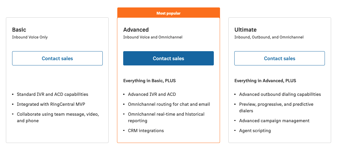 Planos de Contact Center RingCentral