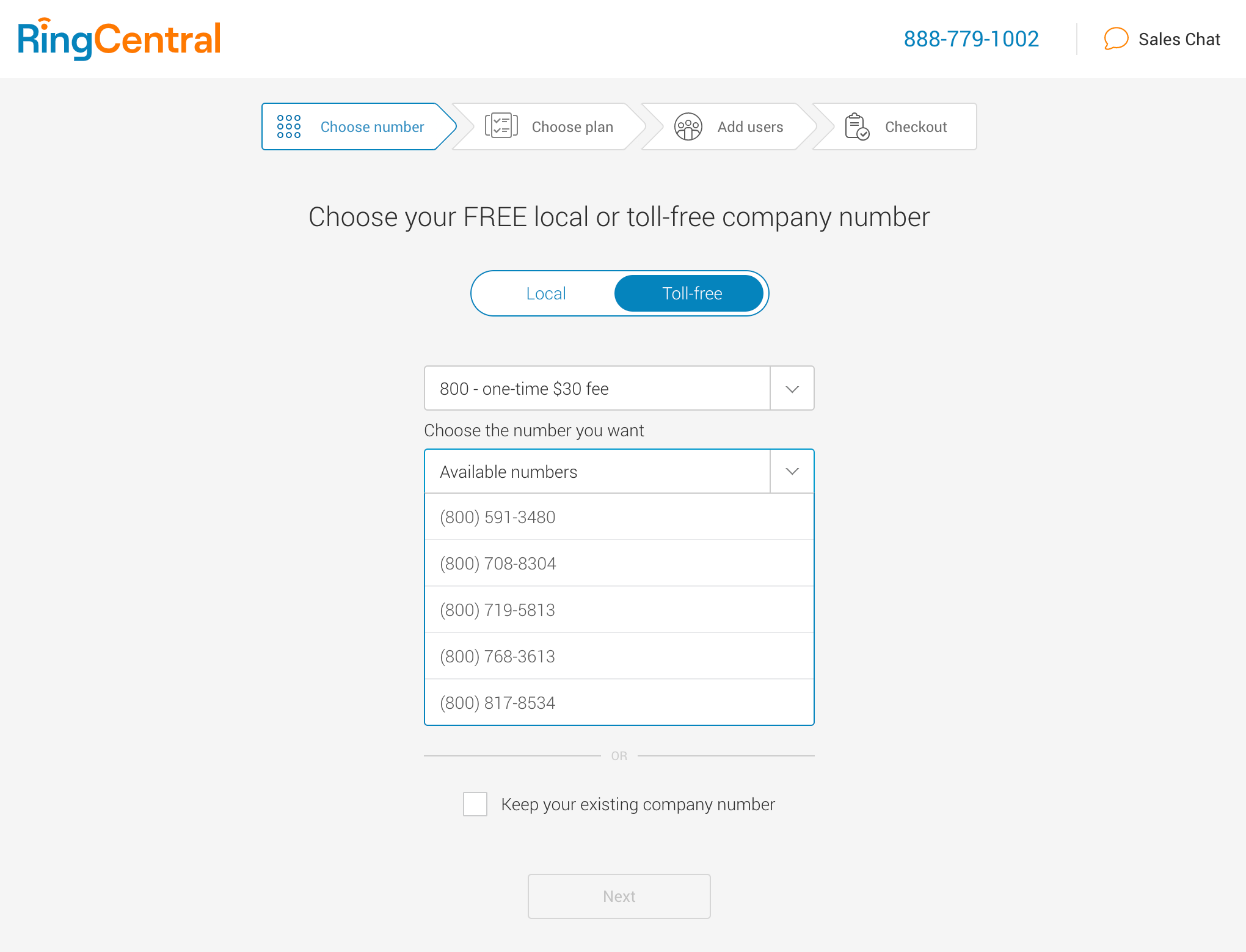 Selectarea numărului RingCentral 800