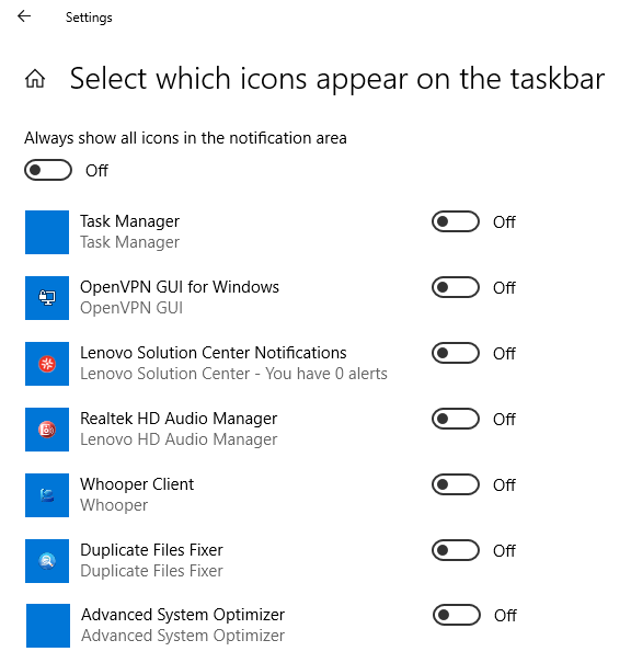 iconos en la configuración de la barra de tareas