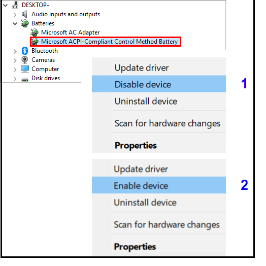 gerenciador de dispositivos de configurações de bateria