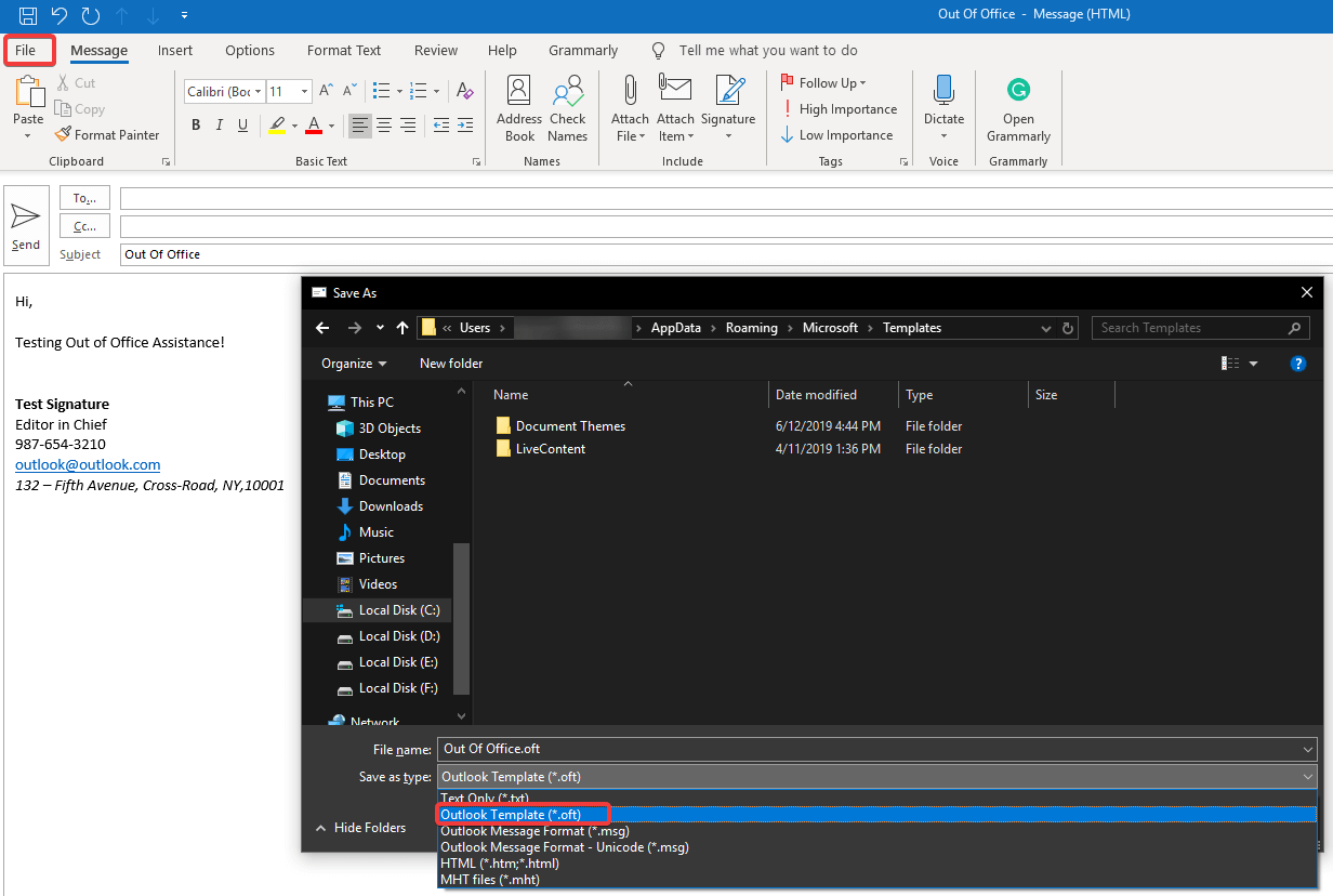 Outlook'ta ofis dışında şablon oluşturma