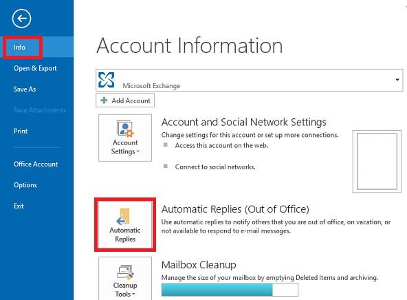 Risposte automatiche per gli utenti dell'account Exchange