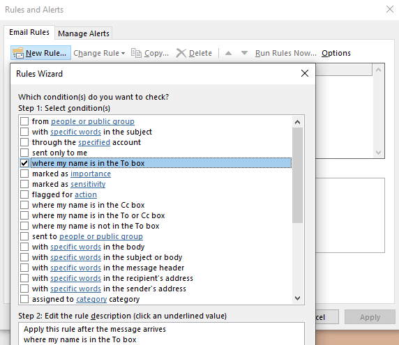 Asistente de configuración de reglas de correo electrónico de Outlook