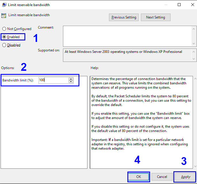 Limiter la bande passante réservée