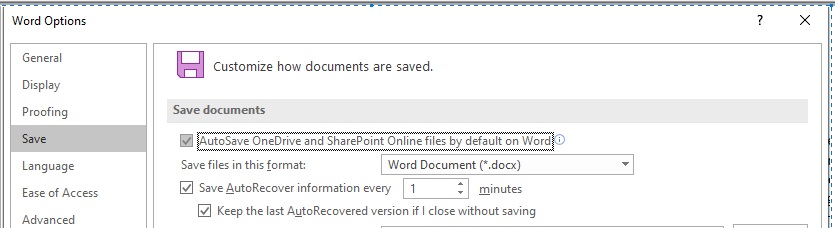 默认情况下在 Word 上自动保存 OneDrive 和 SharePoint Online 文件