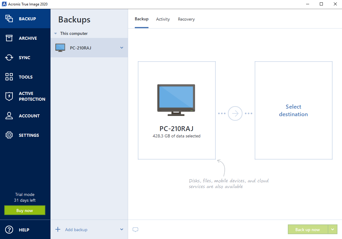 Painel do Acronis True Image 2020