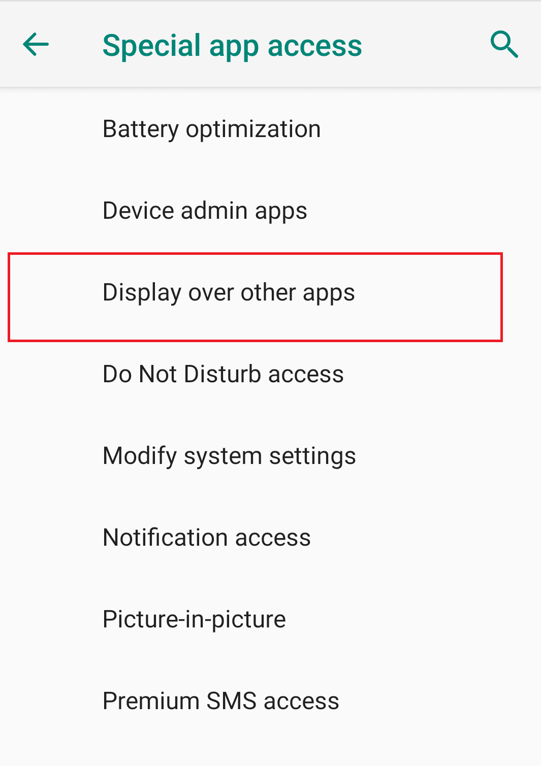 他のアプリの上に表示をタップします