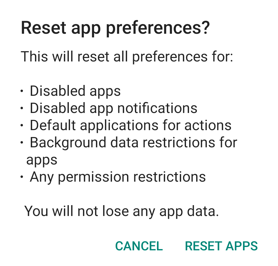 Appuyez sur Réinitialiser les applications