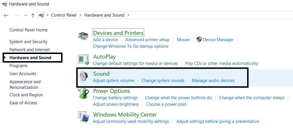 Configuración de sonido del panel de control