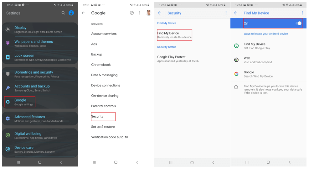 Localizar meu dispositivo' está LIGADO